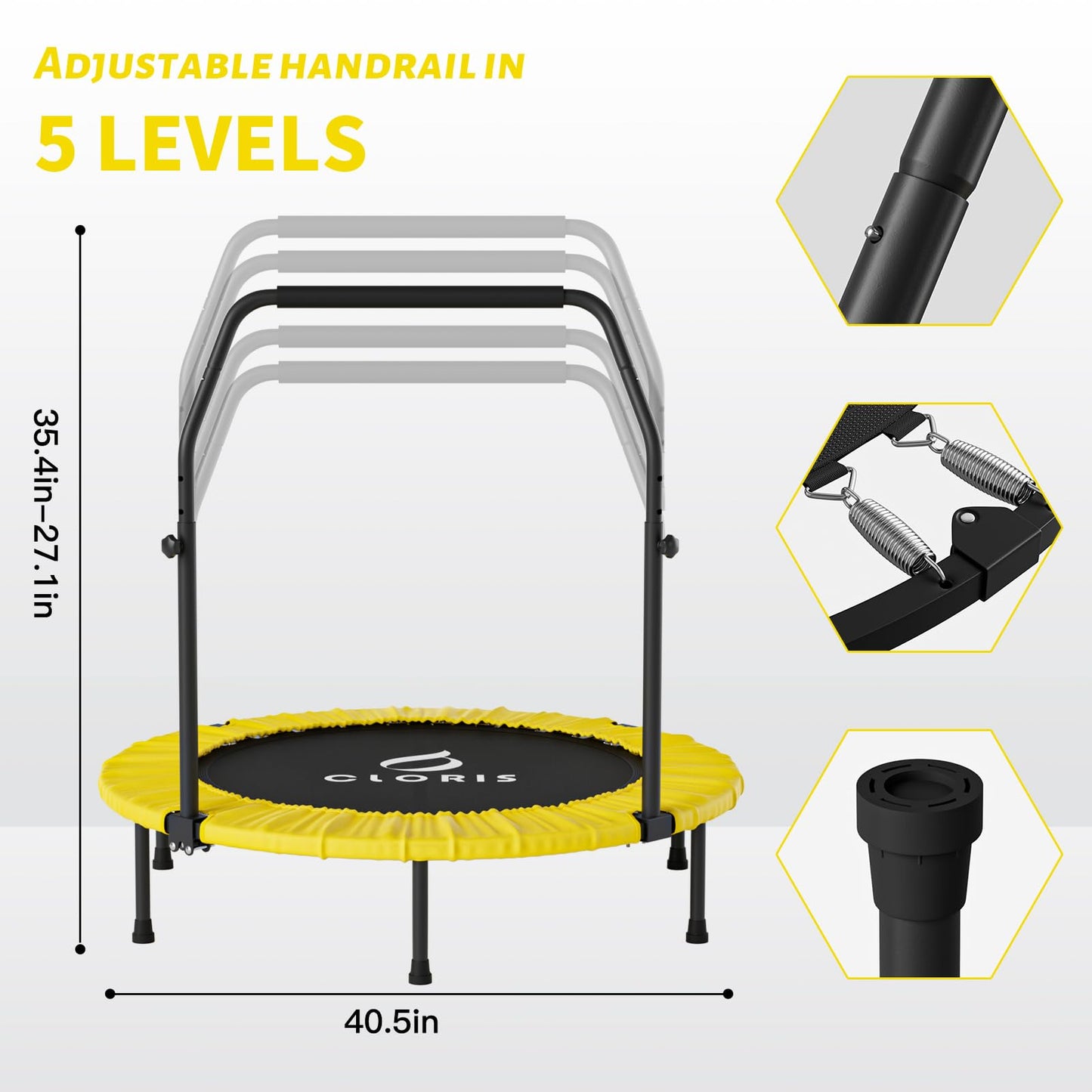 CLORIS 38in/40in/48in Folding Trampoline Mini Rebounder Fitness Trampoline with Adjustable Foam Handle for Kids/Adult, with safty Padded Cover Best Gift for Kids/Adult (Yellow)โฆ (40in-Yellow)
