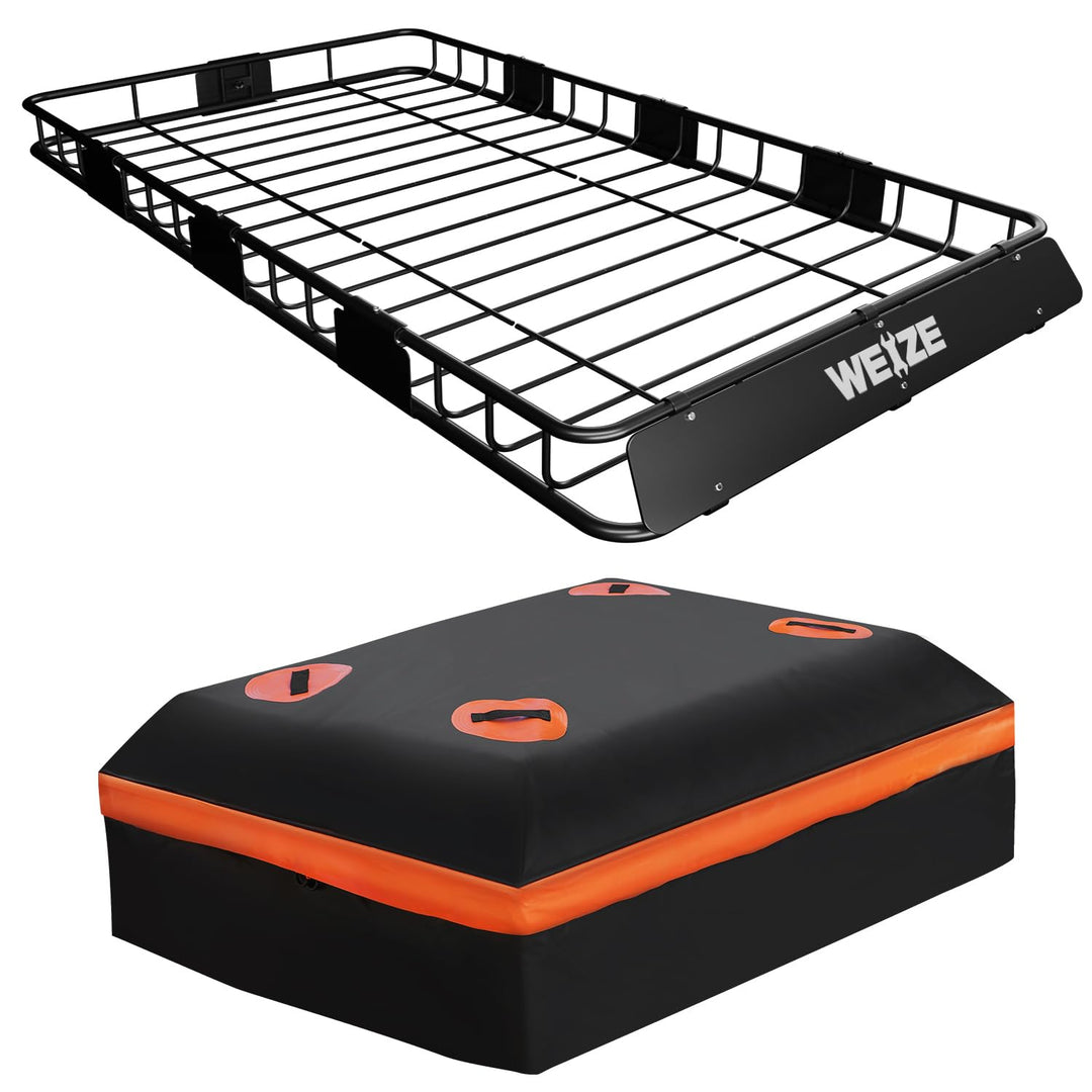 WEIZE Heavy Duty 64"x 39" Roof Rack, Rooftop Cargo Carrier Basket with Waterproof Bag, Tie Down Strap & Net, Car Top Luggage Holder for SUV, 150lb Capacity, Steel Construction