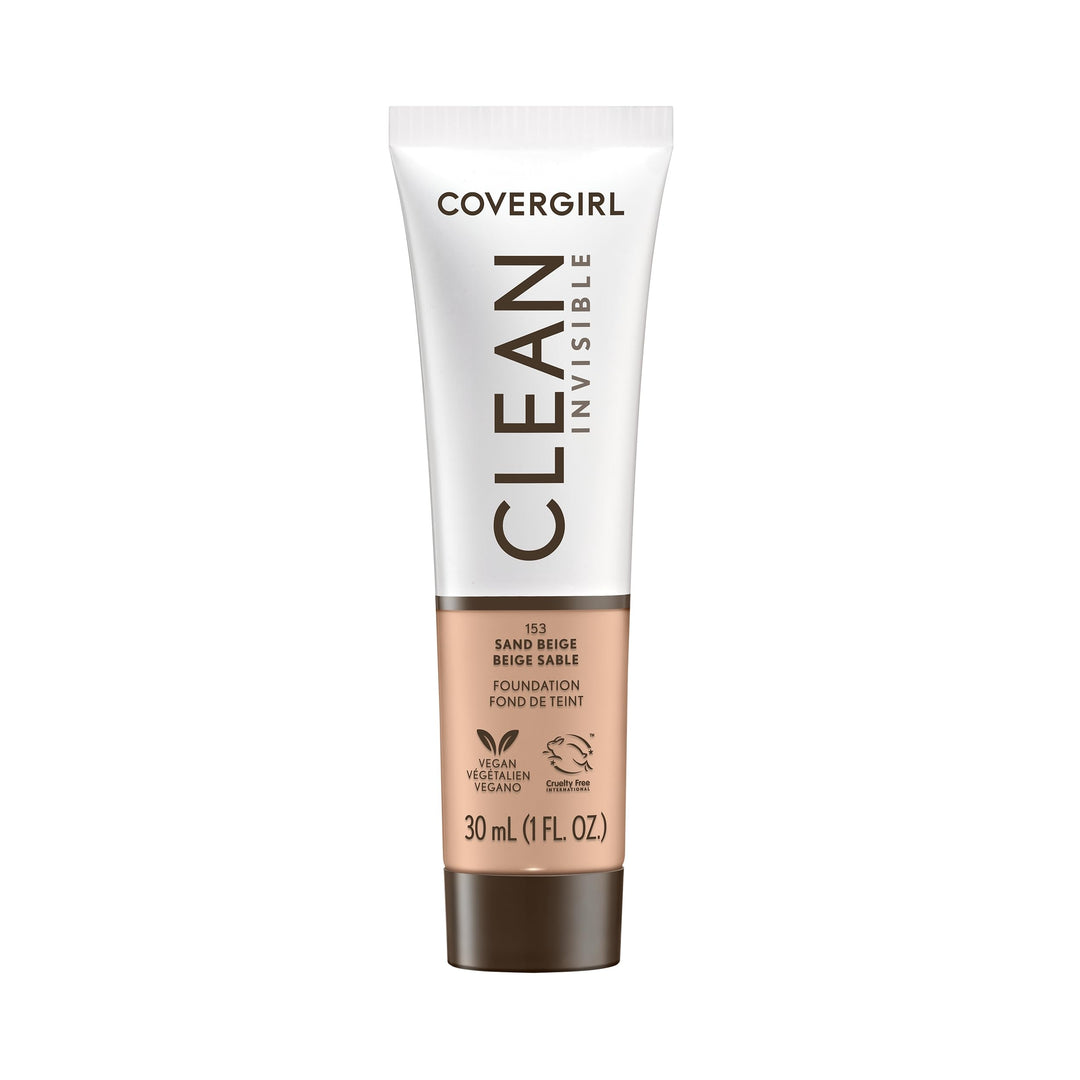 Covergirl Clean Invisible Foundation Makeup, Dewy & Glowy Natural Finish, Buildable Coverage, Skin-Like Smooth Look, Vegan, Sand