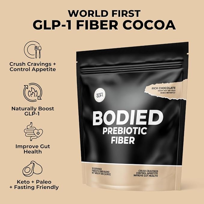 BODIED Fiber Cocoa PREBIOTIC - Chocolate Flavored - Boost GLP-1, Psyllium Husk, SolNul, Gut Health, Digestion & Immunity, Zero Added Sugar, Keto, Paleo Fasting Friendly 30 Servings.