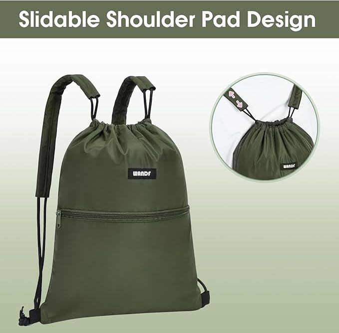 WANDF Drawstring Backpack Sports Gym Bag with Shoulder Pads Water Resistant String Bag Cinch Bag for Women Men (Dark Green)