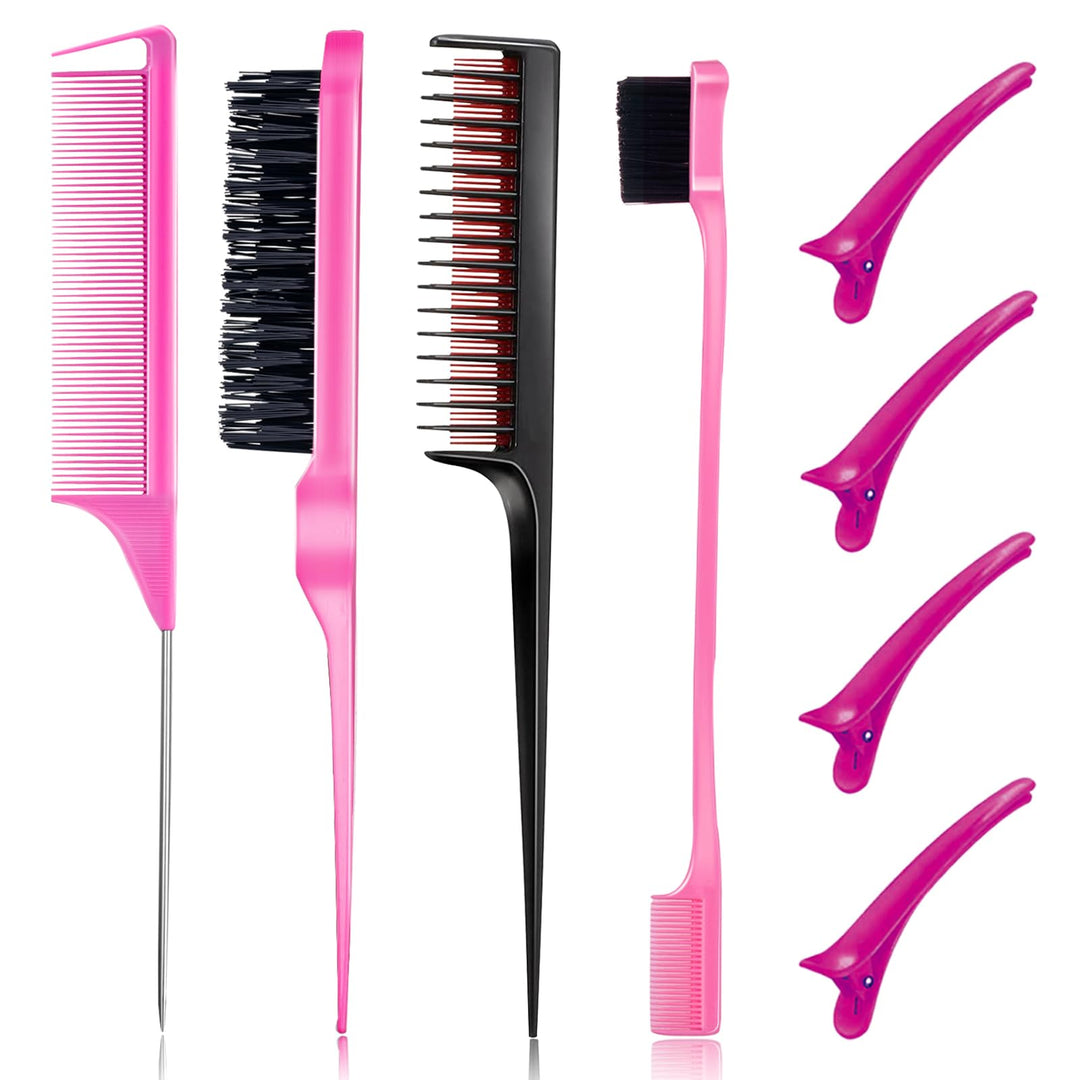8 Pieces Hair Styling Comb Set Teasing Hair Brush Rat Tail Comb Edge Brush for Edge & Back Brushing, Combing, Slicking Hair for