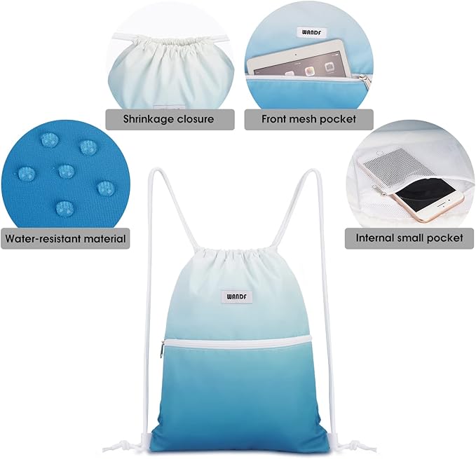 WANDF Drawstring Backpack String Bag Sackpack Cinch Water Resistant Nylon for Sport Yoga Gym Shopping (Blue Gradient)