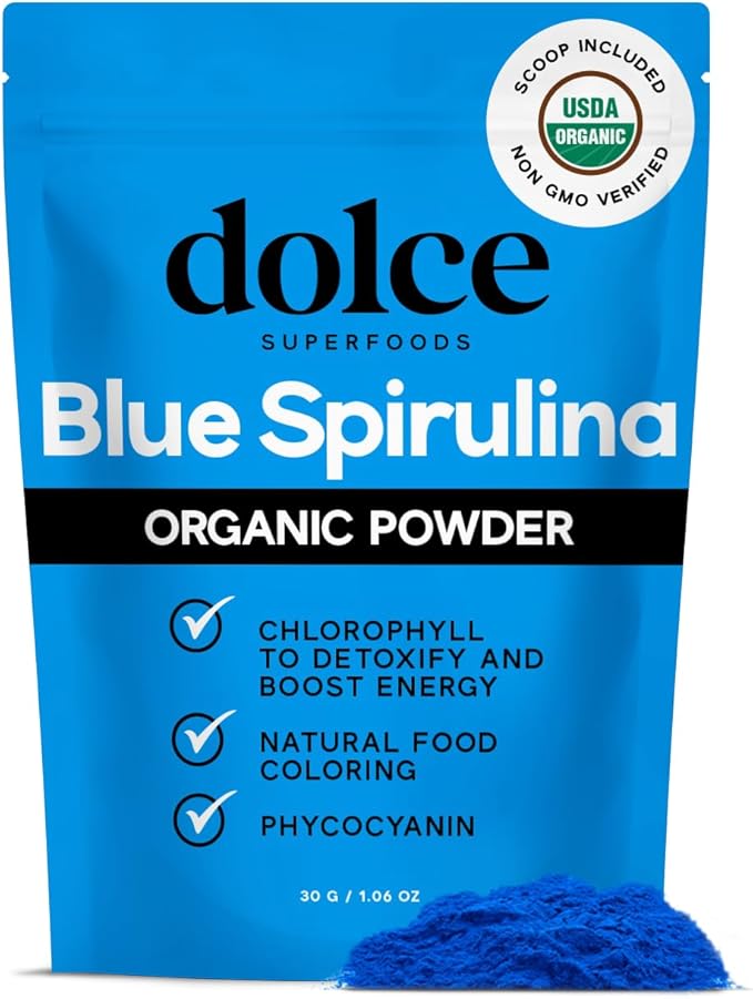 Blue Spirulina Organic Powder – Premium Non-GMO Blue Algae for Smoothies, Drinks, and Recipes – Antioxidants, Energy, and Skin Benefits – 1.06oz
