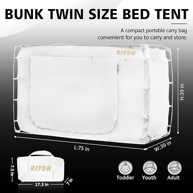 Bed Tent Bed Canopy Bunk Twin Size Tents for Adult and Kids- Portable Dream Tent Indoor Sleeping Tents 70% Blackout with 3 Doors Breathable Big Space Tents, White, WZ01-XS-White