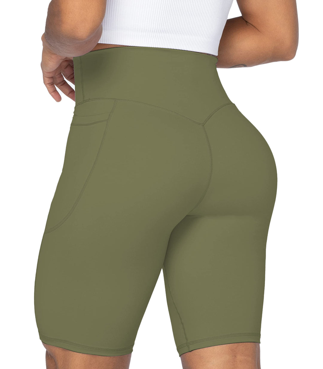 Sunzel Biker Shorts for Women with Pockets, High Waisted Yoga Athletic Gym Workout Compression Long Shorts Olive Green