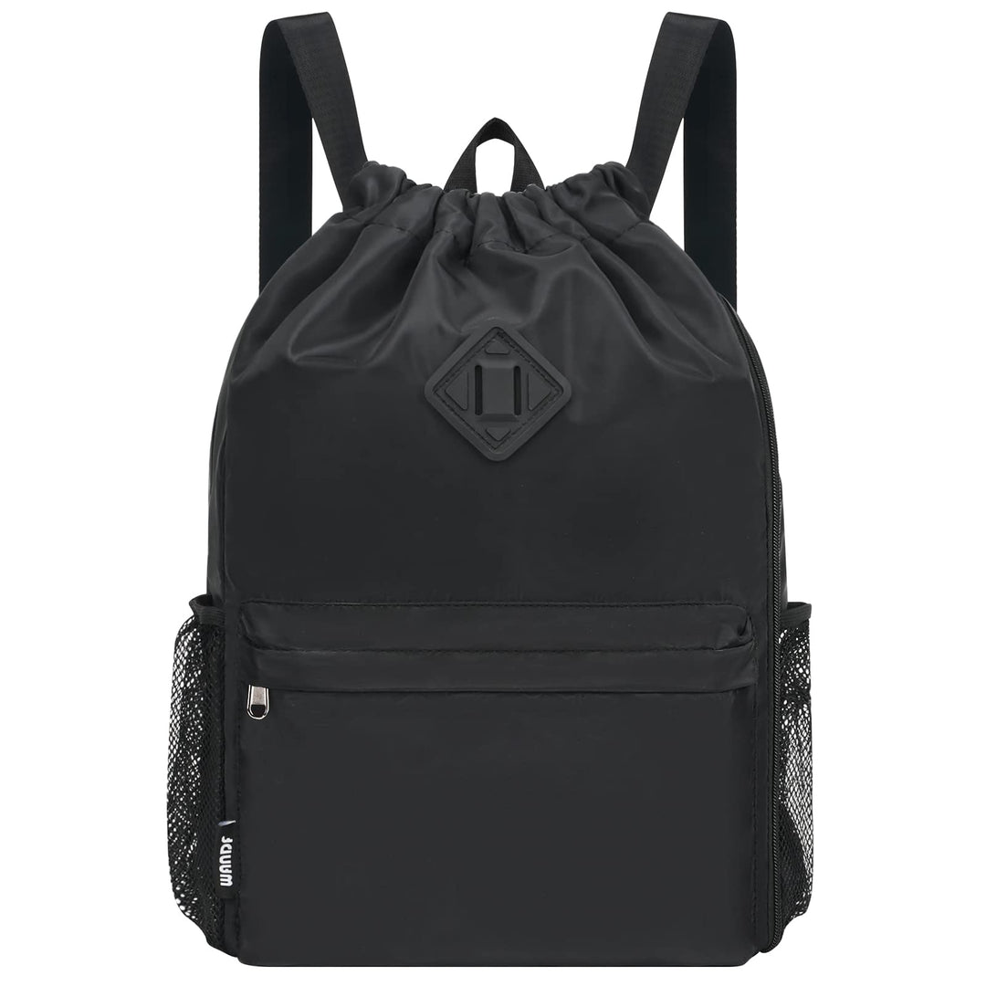WANDF Drawstring Backpack Sports Gym Bag with Shoes Compartment, Water-Resistant String Backpack Cinch for Women Men (Large,Black)