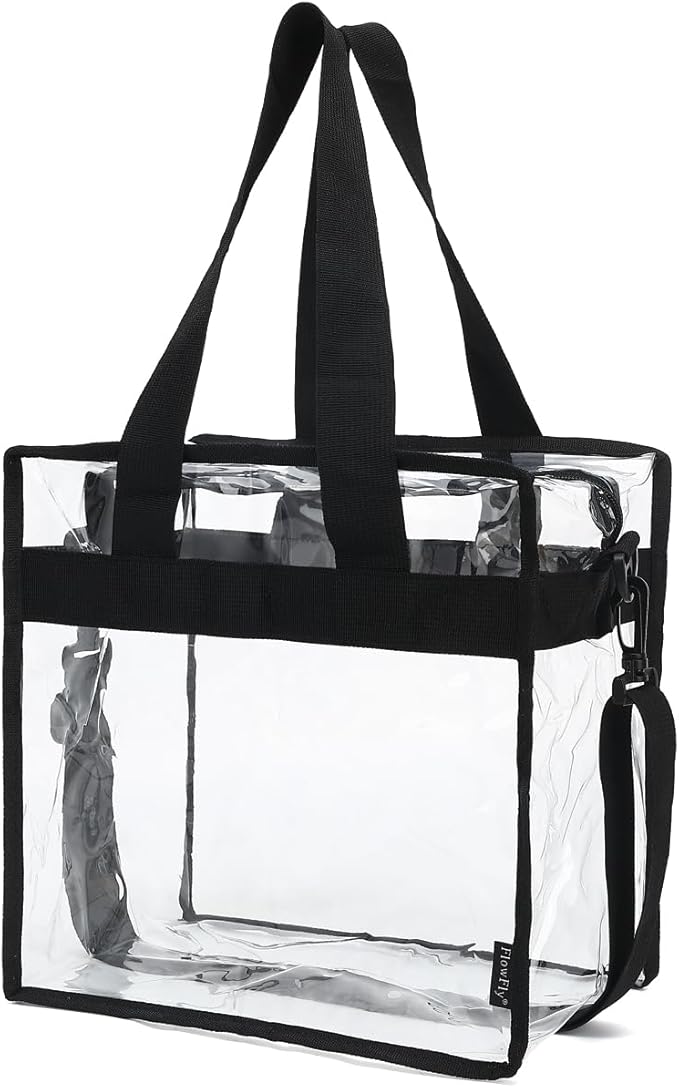 Flowfly Clear Bag Stadium Approved, Clear Beach Lunch Bag for Work Sports Festival - 2 Handles, Adjustable Strap, Zipper Closure, Clear