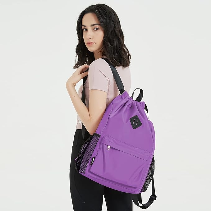 WANDF Drawstring Backpack Sports Gym Bag with Shoes Compartment, Water-Resistant String Backpack Cinch for Women Men(Large,Purple)