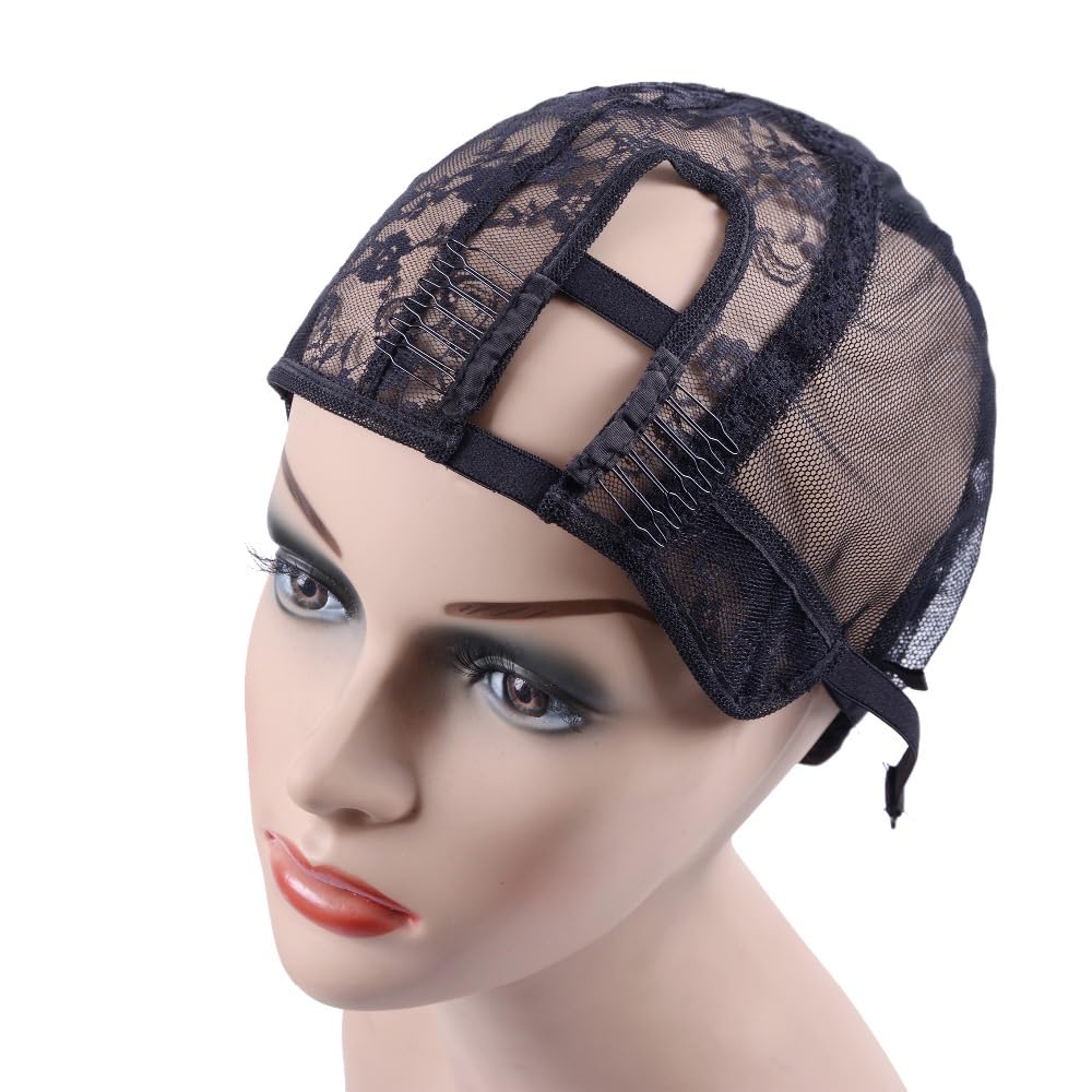 YANTAISIYU 1Pc Right U Part Weaving Wig Cap with Elastic Band and 2 Hair Clips Front for Wig Making Hair Extensions Weft DIY (Black S)
