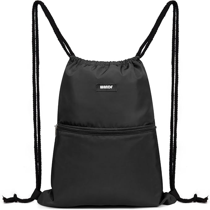 WANDF Drawstring Backpack String Bag Sackpack Cinch Water Resistant Nylon for Gym Shopping Sport Yoga (Black)
