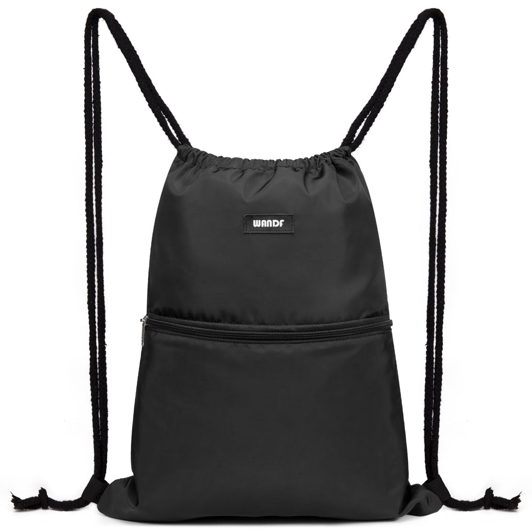 WANDF Drawstring Backpack String Bag Sackpack Cinch Water Resistant Nylon for Gym Shopping Sport Yoga (Black)