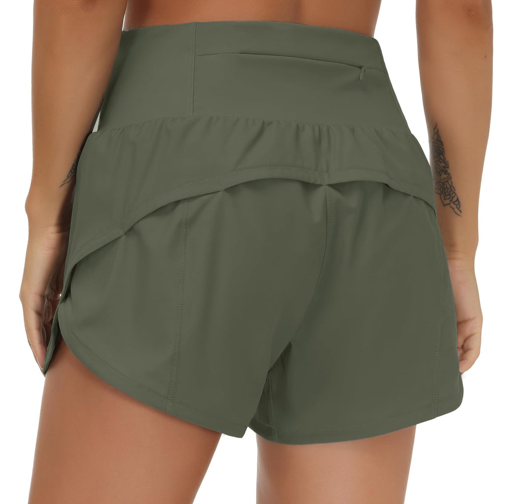 THE GYM PEOPLE Womens High Waisted Running Shorts Quick Dry Athletic Workout Shorts with Mesh Liner Zipper Pockets Olive Green