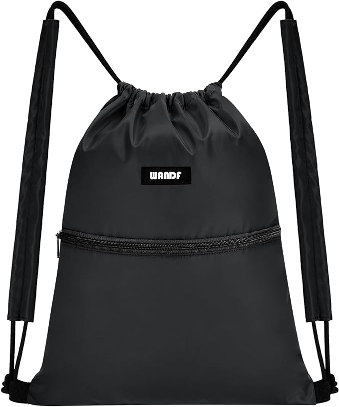 WANDF Drawstring Backpack Sports Gym Bag with Shoulder Pads Water Resistant String Bag Cinch Bag for Women Men (Black)