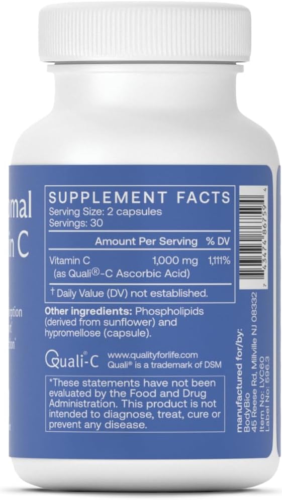 BodyBio Liposomal Vitamin C for Immune and Cell Support, Powerful Antioxidant, Pure Ascorbic Acid with Maximum Absorption - 60 Capsules