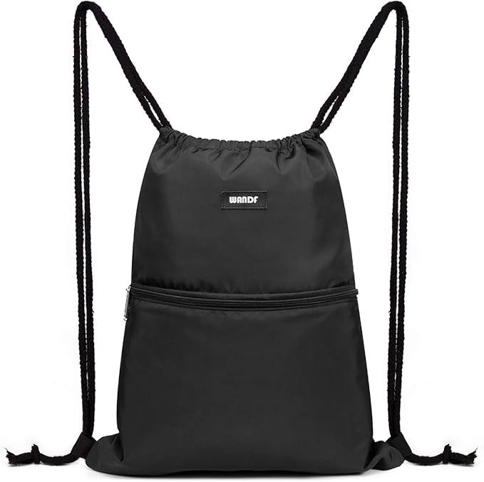 WANDF Drawstring Backpack String Bag Sackpack Cinch Water Resistant Nylon for Gym Shopping Sport Yoga (Black)