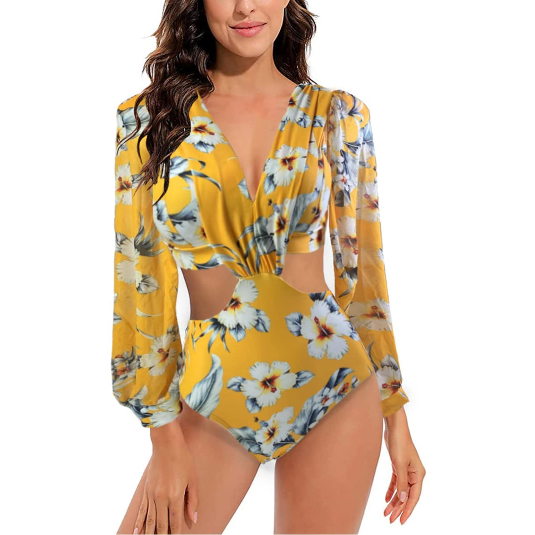 tengweng Women's Puff Long Sleeves One Piece Swimsuit Rash Guard V-Neck Bathing Suit