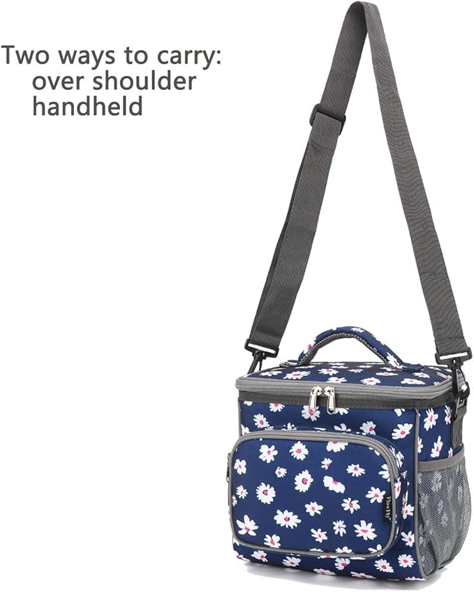 FlowFly Insulated Reusable Lunch Bag Adult Large Lunch Box for Women and Men with Adjustable Shoulder Strap,Front Zipper Pocket and Dual Large Mesh Side Pockets,Daisy