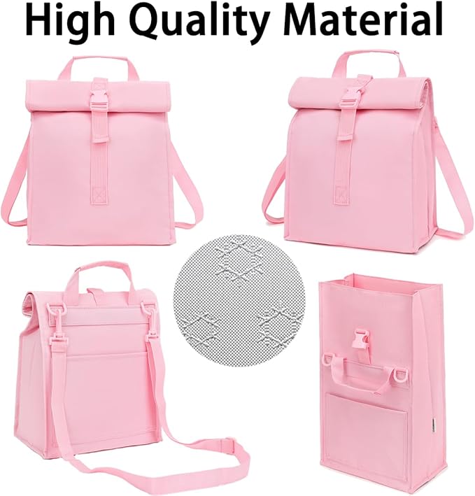 Insulated Lunch Bag for Men/Women/Kids, Roll top Reusable Lunch Box with Adjustable Shoulder Strap, Thermal Lunch Cooler Tote Container for Adults/Teens School Work Office Picnic,Pink
