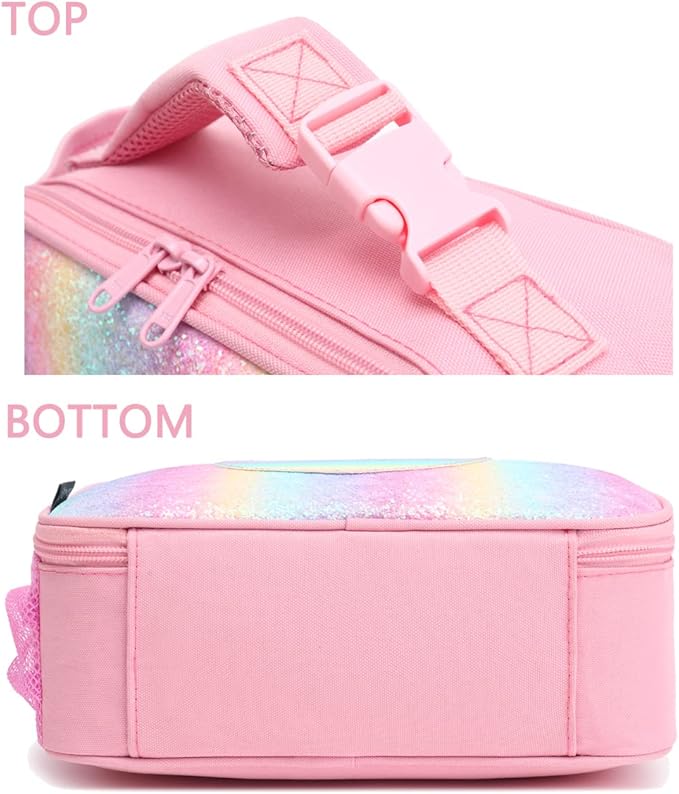 FlowFly Kids Lunch box Insulated Soft Bag Mini Cooler Back to School Thermal Meal Tote Kit for Girls, Boys, Glitter-RainBow