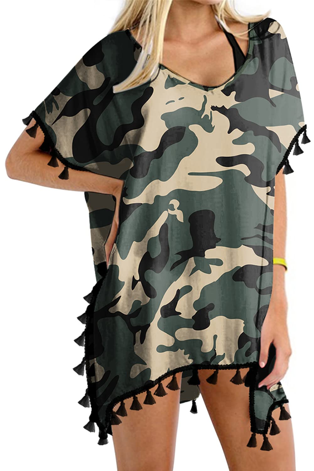 Yincro Women's Chiffon Swimsuits Beach Bathing Suit Cover Ups for Swimwear with Tassels(Camo Army Green, XS)