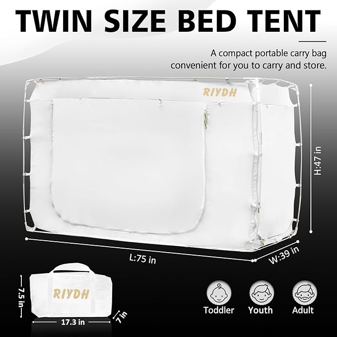 Bed Tent Bed Canopy Twin Size Tents for Adult and Kids- Portable Dream Tent Indoor Sleeping Tents 70% Blackout with 3 Doors Breathable Big Space Tents, White, WZ01-S-White
