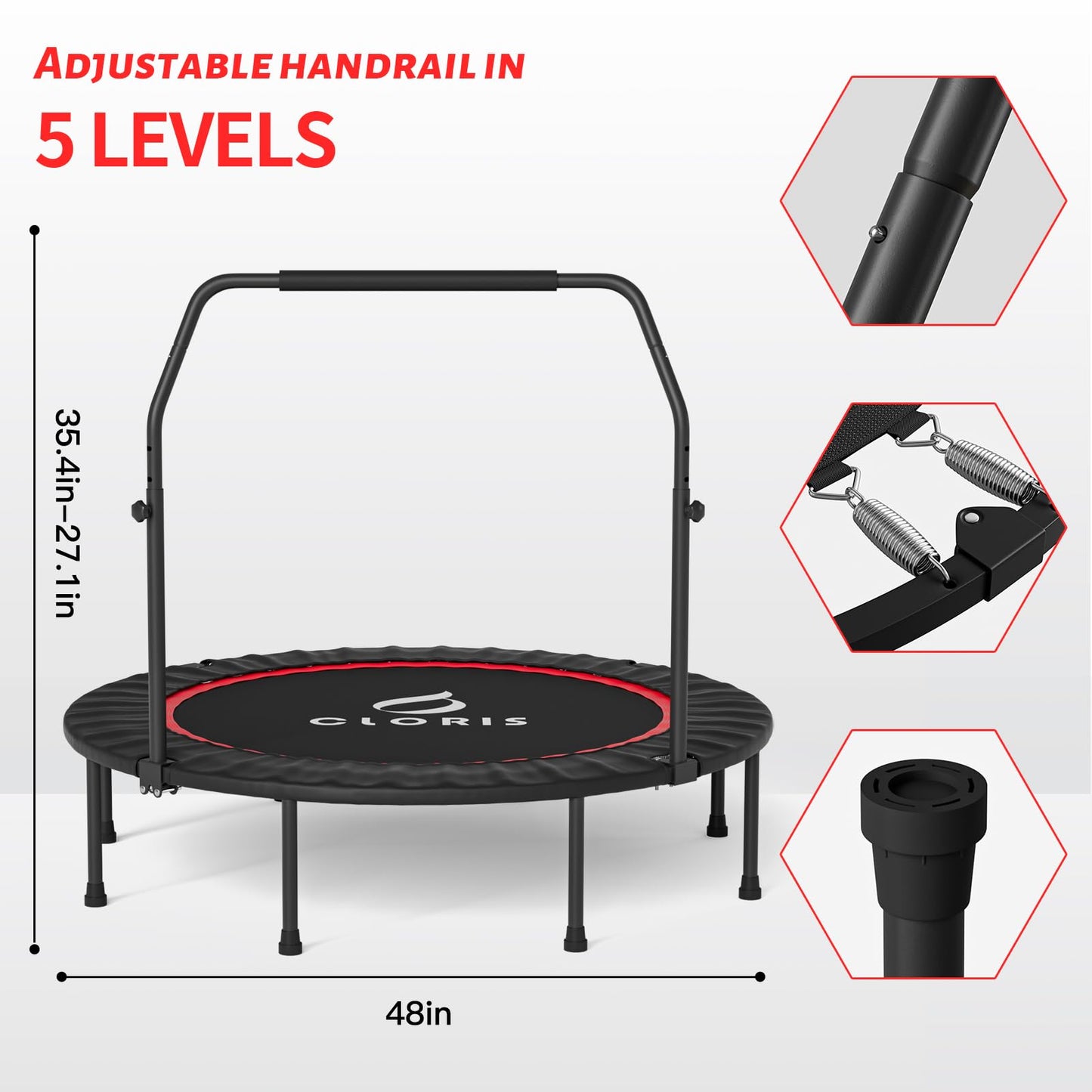 CLORIS 38in/40in/48in Folding Trampoline Mini Rebounder Fitness Trampoline with Adjustable Foam Handle for Kids/Adult, with safty Padded Cover Best Gift for Kids/Adult (48in-Black)