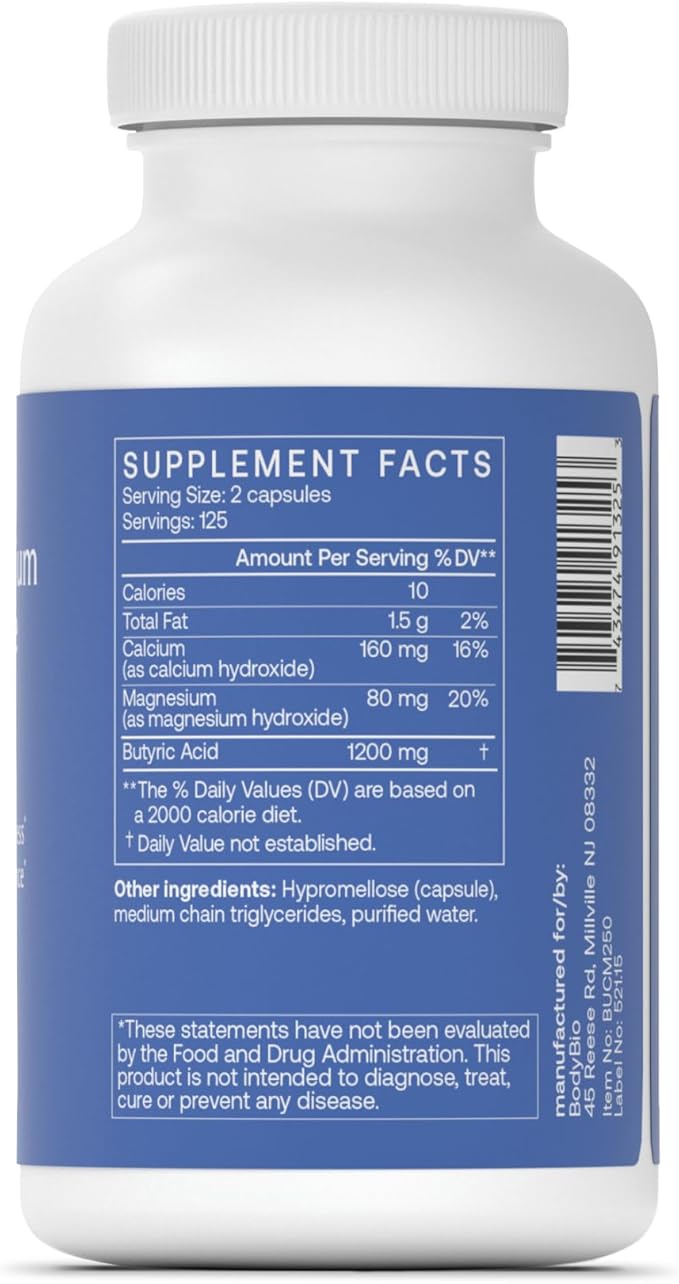 BodyBio Butyrate Supplement - Postbiotic for Gut Microbiome Health, Digestion and Regulation Support - Butyric Acid with Calcium Magnesium - 100 Capsules