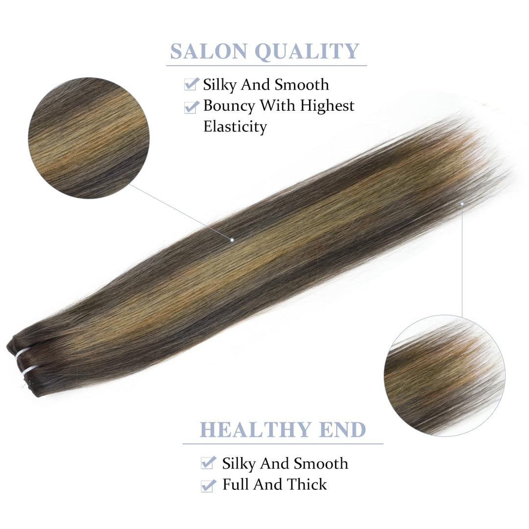 Pobokix Straight Clip In Hair Extensions Real Human Hair 8Pcs Clip In Balayage Dark Brown to Chestnut Brown Human Hair Extensions with 18Clips Lace Weft 120g 14inch