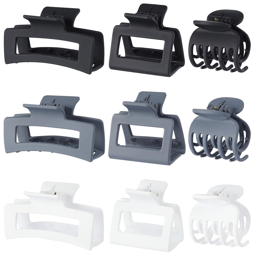 CHANDAT 3 Style Claw Hair Clips Set for Women - 9 pcs Medium Rectangle Clips for Thick Hair, Square Clips for Thin Hair - Grey