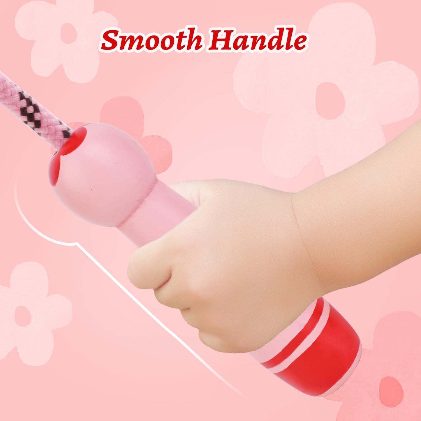 Homello Jump Rope for Kids - Wooden Handle - Adjustable Cotton Braided Fitness Skipping Rope for Toddler Fitness Workout Exercise Outdoor Activity (Pink-Red)