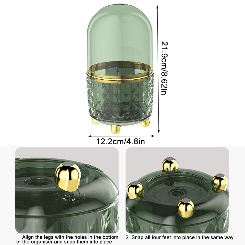 360° Rotating Makeup Brush Holder Organizer, Acrylic Makeup Organiser with Dustproof Lid, Cosmetic Storage Shelf for Dressing Table Bedroom (Dark Green)