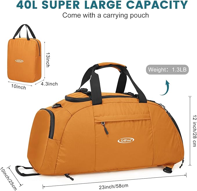 G4Free 40L 3-Way Duffle Bag Backpack Gym Bag for Men Women Sports Duffel Bag with Shoe Compartment Travel Backpack Luggage