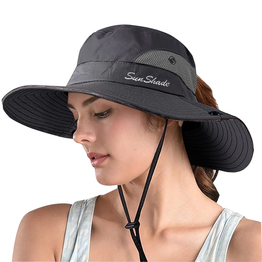 ZOORON 1 Pack Women's Ponytail Safari Sun Hat,Wide Brim UV Protection Outdoor Bucket Hat,Foldable Beach Summer Fishing Hat