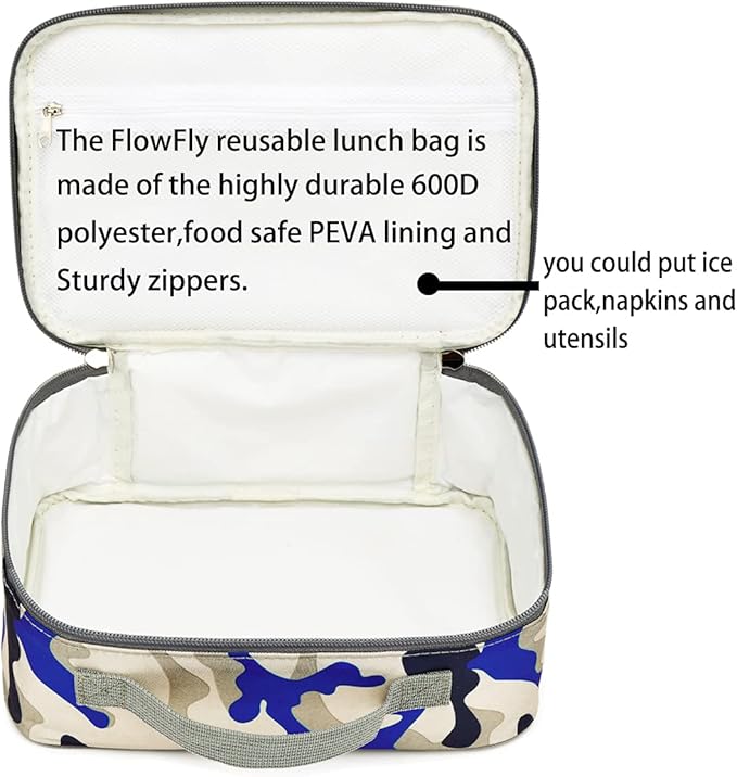 FlowFly Kids Lunch box Insulated Soft Bag Mini Cooler Back to School Thermal Meal Tote Kit for Girls, Boys,Blue Camo