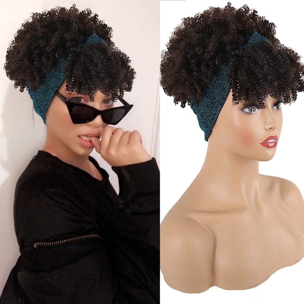 Aisaide Headband Wigs For Black Women,Synthetic Short Afro Kinky Curly Wigs Dark Brown Wig With Bangs Wrap Wigs 2 In 1 Turban Wi