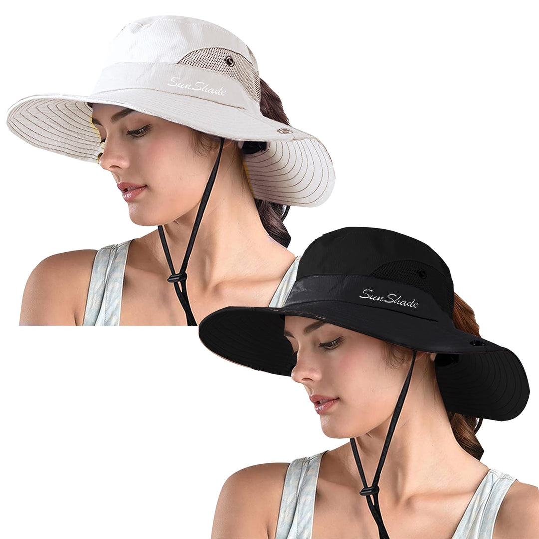 ZOORON Women's Ponytail Safari Sun Hat,Wide Brim UV Protection Outdoor Bucket Hat,Foldable Beach Summer Fishing Hat