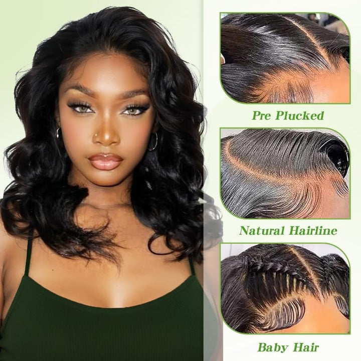 Body Wave 13x6 HD Lace Front Wigs Human Hair 200% Density Bob Wig Human Hair Pre Plucked Short Bob Wigs for Black Women Glueless Frontal Wig Human Hair Natural Black Loose Wavy 14 inch Bob Wig