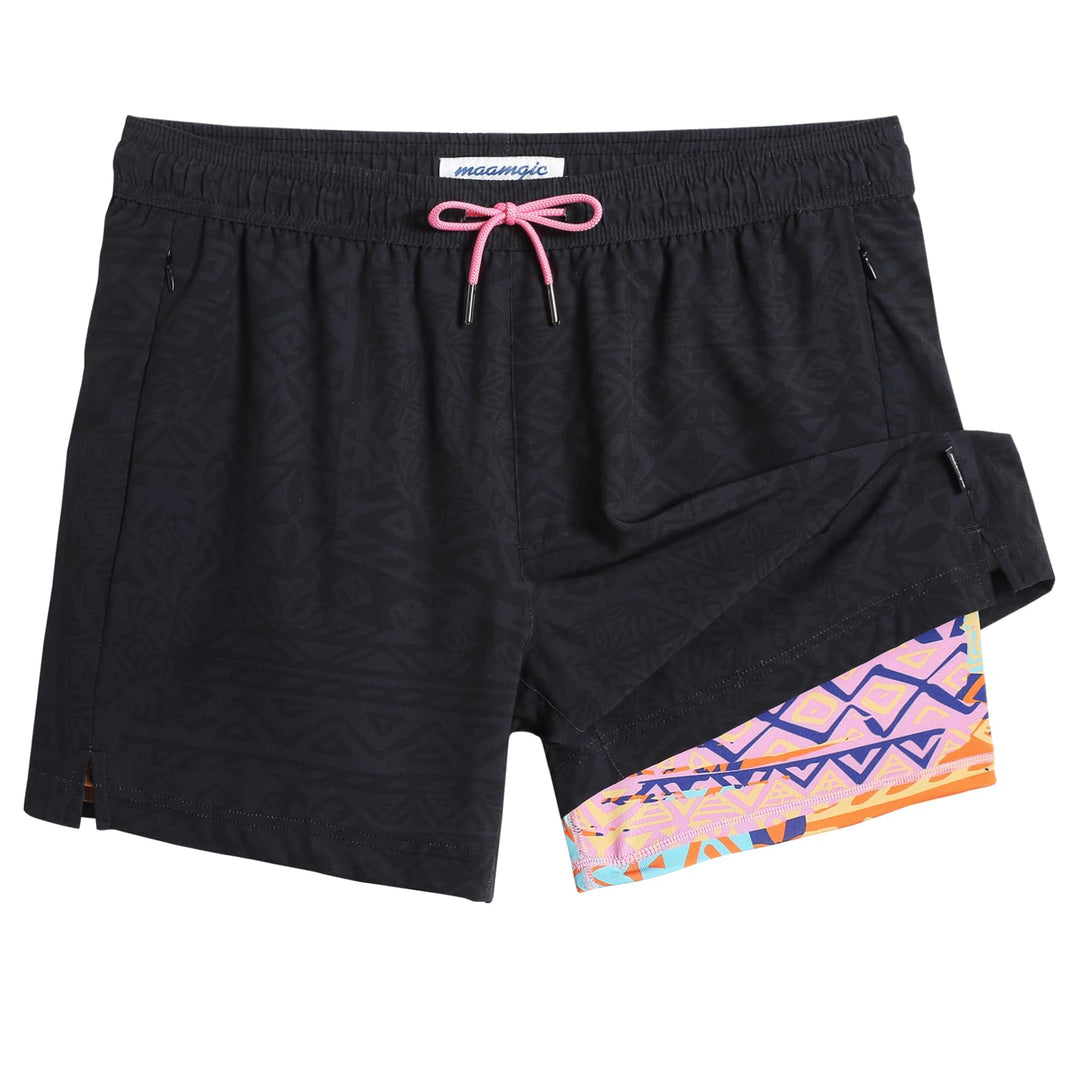 maamgic Mens Swim Trunks with Compression Liner 5" Stretch Athletic Swimming shorts Quick Dry with Zipper Pockets No-Chafing Board Shorts Totem X-Small