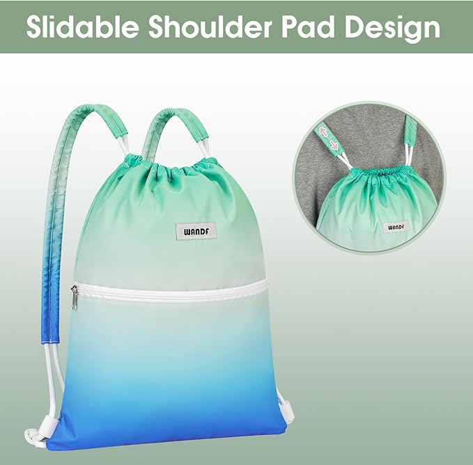 WANDF Drawstring Backpack Sports Gym Bag with Shoulder Pads Water Resistant String Bag Cinch Bag for Women Men (Blue-Green Gradient)