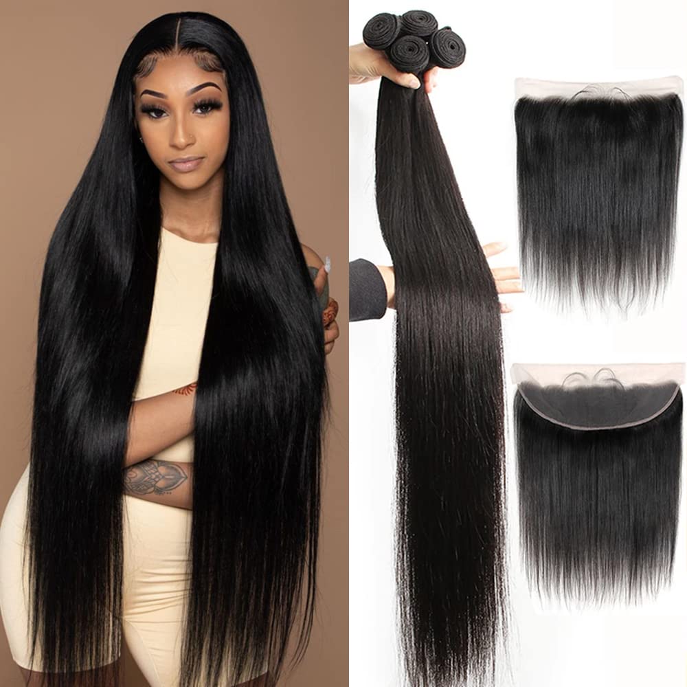 Yisea Brazilian Straight Hair Bundles With Lace Frontal (16 18 20 22+14 Frontal) 100% Unprocessed Human Hair 4 Bundles With 13X4