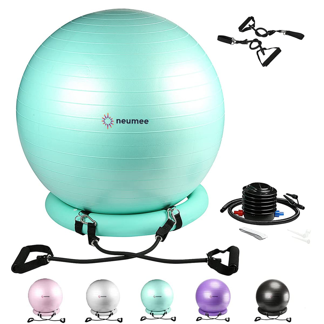 NEUMEE Exercise Ball Chair with Resistance Bands, Yoga Ball Office Chair with Stability Base for Home Gym, Workout Ball for Fitness, Large Size 65 cm (Teal)