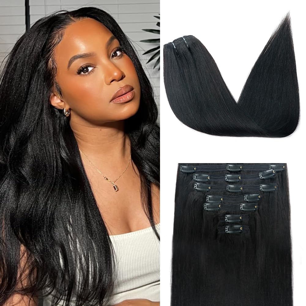 Yaki Straight Clip in Hair Extensions for Black Women Brazilian Human Hair Extensions 8Pcs Remy Hair Extensions Clip in Human Hair with 18Clips Double Lace Weft 120g 12inch Natural Black