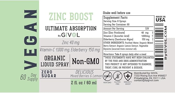 Organic ZINC Boost Mist 40 mg (Extra Strength) - Sugar Free with Vit C and Elderberry Extract - Vegan Liquid Spray for Kids and Adults - Easy Absorption - Non-GMO - (60 ml) 60 Days Supply