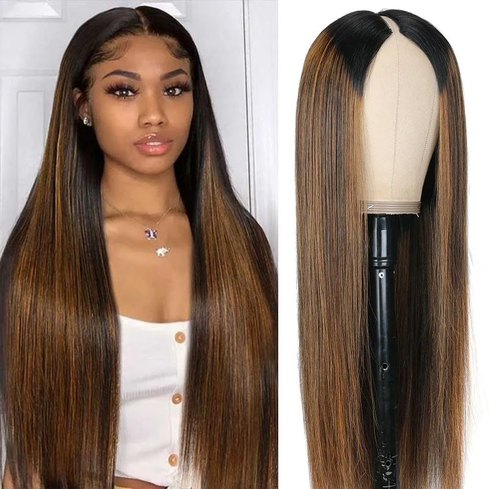 Pobokix Highlight Ombre V Part Wigs Human Hair Straight Brazilian Virgin Human Hair Wigs Balayage Blonde Upgrade U Part Wigs 180