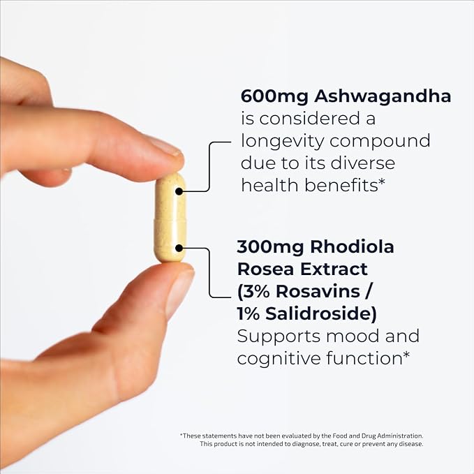 Blueprint Bryan Johnson Ashwagandha & Rhodiola Longevity Adaptogen Supplement - 600mg Ashwagandha, 300mg Rhodiola Rosea Extract (3% Rosavins/1% Salidroside) - Supports Calm, Energy&Cognition – Non-GMO