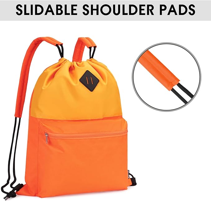 WANDF Drawstring Backpack with Shoulder Pad Sports Gym Backpack with Wet Compartment, Water-Resistant String Bag Cinch Bag for Women Men (Orange with Shoulder Pad)