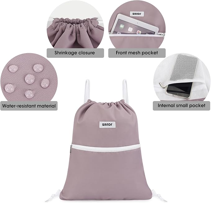 WANDF Drawstring Backpack String Bag Sackpack Cinch Water Resistant Nylon for Sport Yoga Gym Shopping (Pink)