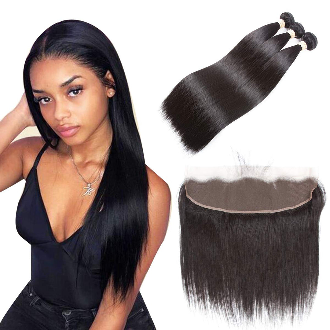 Beauhair Brazilian Straight Hair 3 Bundles With Frontal Closure(10 12 14+10Frontal) 13X4 Ear To Ear Lace Frontal Closure With Bu