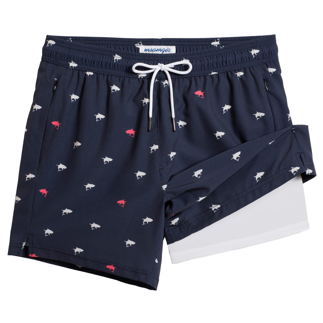 maamgic Mens Swim Trunks with Compression Liner 5" Stretch Athletic Swimming shorts Quick Dry with Zipper Pockets No-Chafing Board Shorts Navy-Mini Shark X-Small